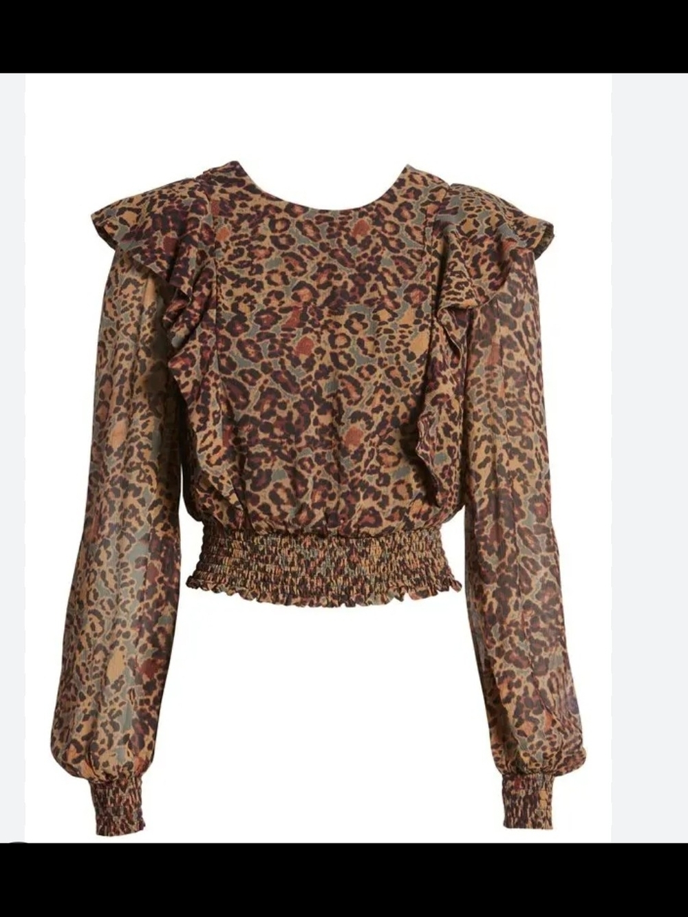 All Saints Elodie Leopard Ruffle Smocked Waist Long-Sleeve Blouse - Brown